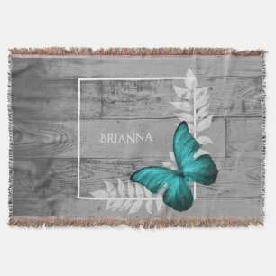 Teal Butterfly Rustic Personalized Throw Blanket
