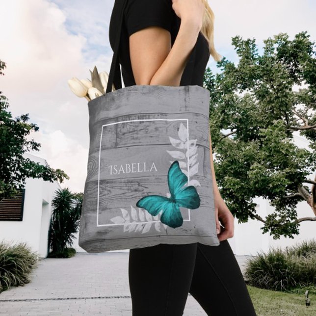 Teal Butterfly Rustic Personalized Tote Bag (Teal Butterfly Rustic Personalized Tote Bag)