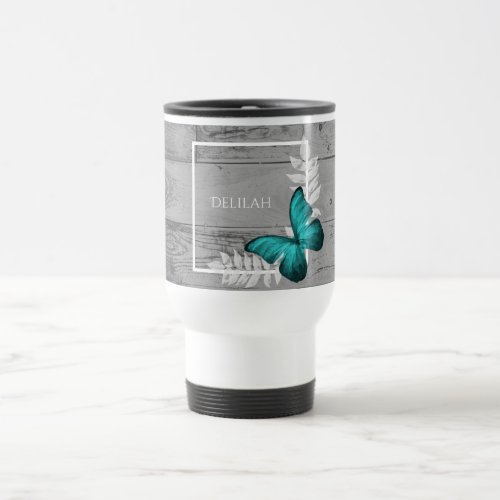 Teal Butterfly Rustic Personalized Travel Mug