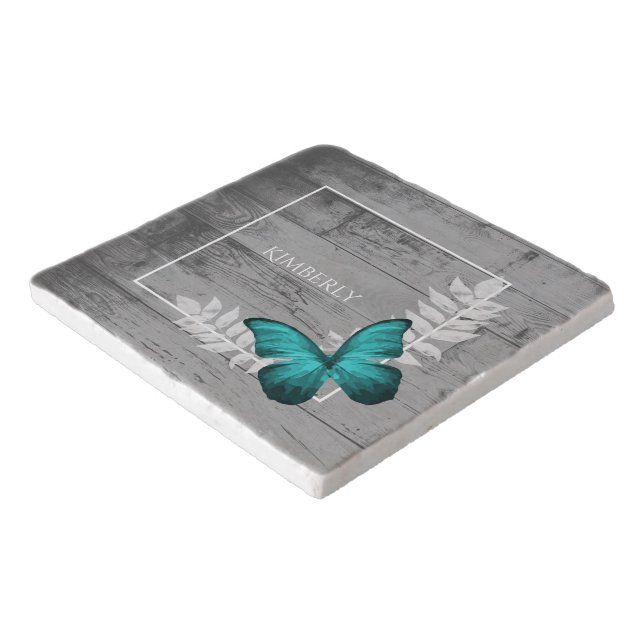 Teal Butterfly Rustic Trivet (Corner)