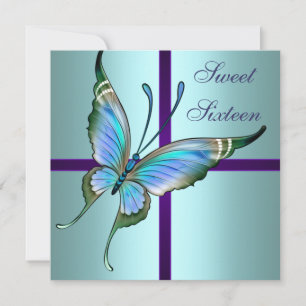 Teal Butterfly Sweet Sixteen Birthday Party Invitation