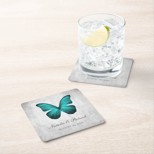 Teal Butterfly Wedding Paper Coasters (Insitu)