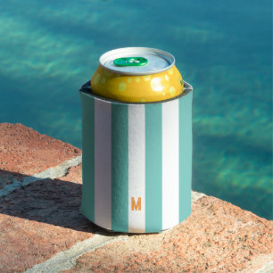 Teal Cabana Stripe & Personalized Orange Monogram Can Cooler