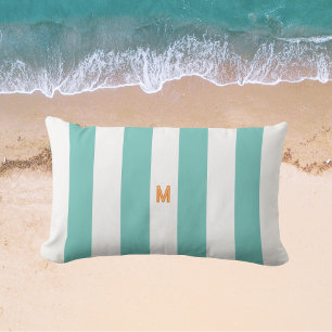 Teal Cabana Stripe & Personalized Orange Monogram Lumbar Pillow