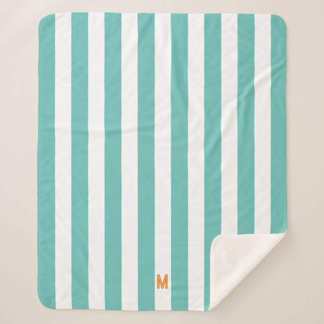 Teal Cabana Stripe & Personalized Orange Monogram Sherpa Blanket (Front)