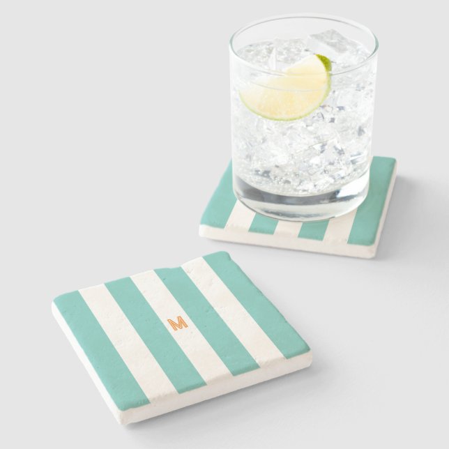 Teal Cabana Stripe & Personalized Orange Monogram Stone Coaster (Side)