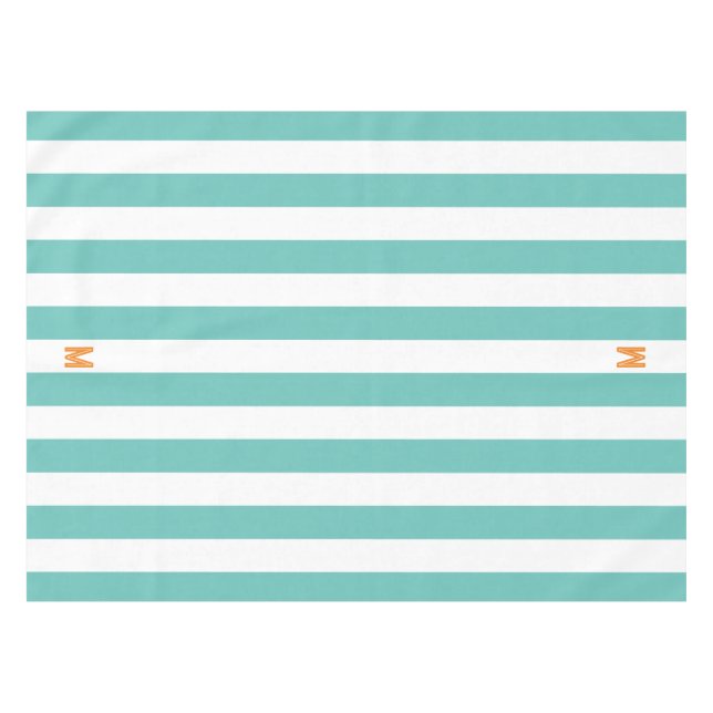 Teal Cabana Stripe & Personalized Orange Monogram Tablecloth (Front (Horizontal))