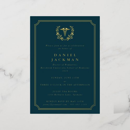 Teal CaduceusLaurel Medical School Graduation Foil Invitation