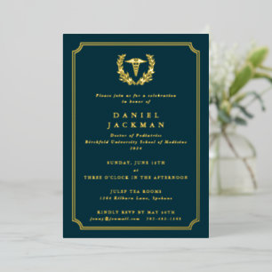 Teal Caduceus+Laurel Medical School Graduation Foil Invitation