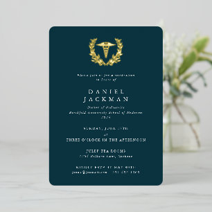 Teal Caduceus + Laurel Medical School Graduation Foil Invitation