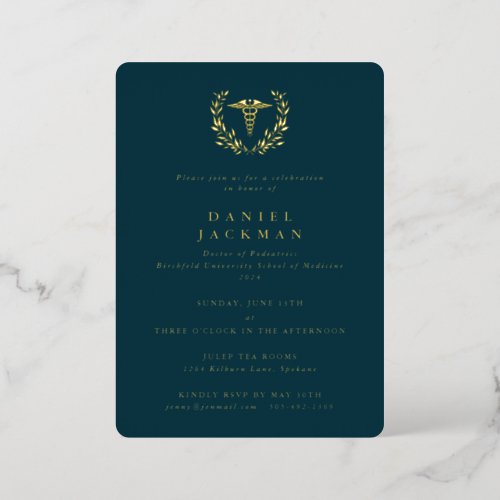 Teal Caduceus  Laurel Medical School Graduation Foil Invitation