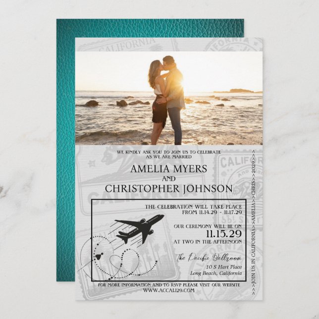 Teal California Passport Wedding Invitation (Front/Back)