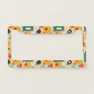 Teal Camera Golden Sunflower Summer Collage License Plate Frame