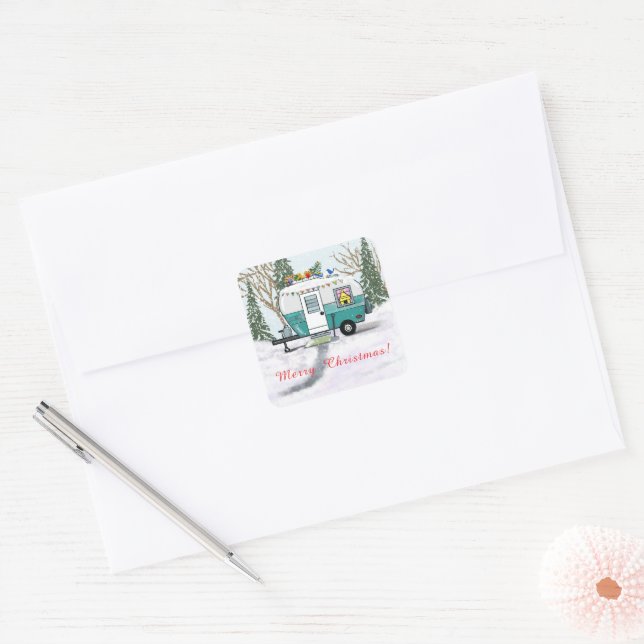 Teal Camper Christmas Square Sticker (Envelope)