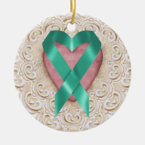 Teal Cancer Ribbon From the Heart _ SRF Ceramic Ornament