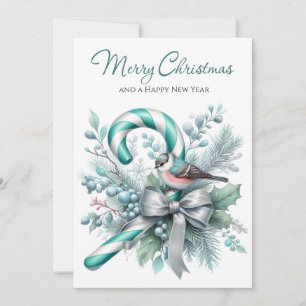 Teal Candy Cane & Frosted Bird Charm Holiday Card