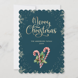 Teal Candy Cane Holly Berries Christmas Holiday Card