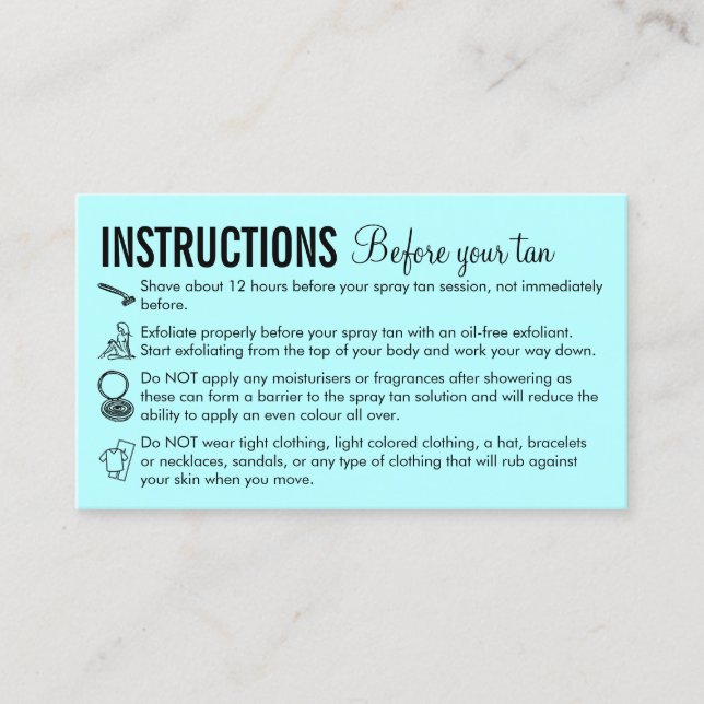 Teal Care Instructions Before After Spray Tanning Business Card (Front)