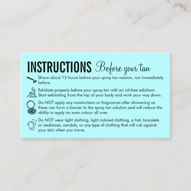 Teal Care Instructions Before After Spray Tanning Business Card