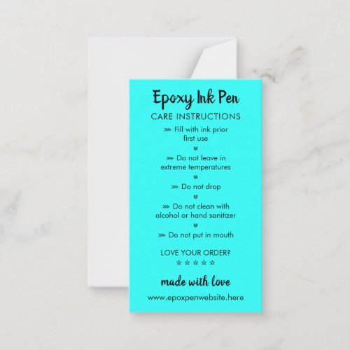 Teal Care Instructions for Epoxy Pen Note Card