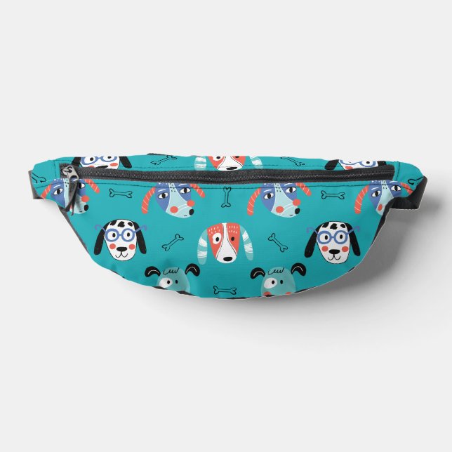 Teal Cartoon Dog Faces on Teal Fanny Pack (Lay Down)