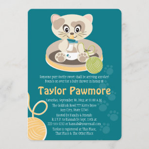 Teal Cat in Diapers Baby Shower Invitation