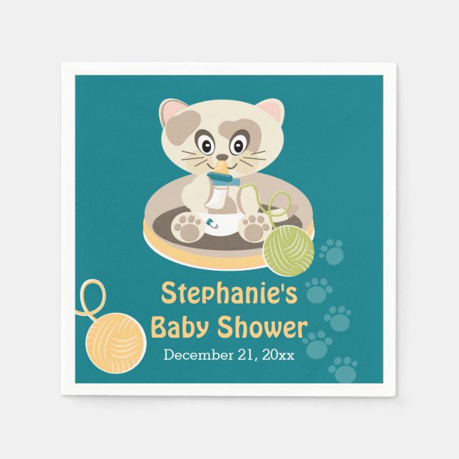 Teal Cat in Diapers Baby Shower Paper Napkins (Front)