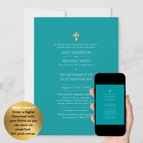 Teal  Catholic Nuptial Mass Wedding Invitation