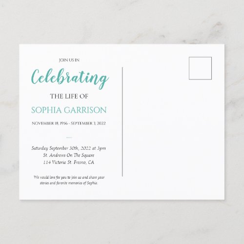 Teal Celebration of Life Photo Funeral Invite