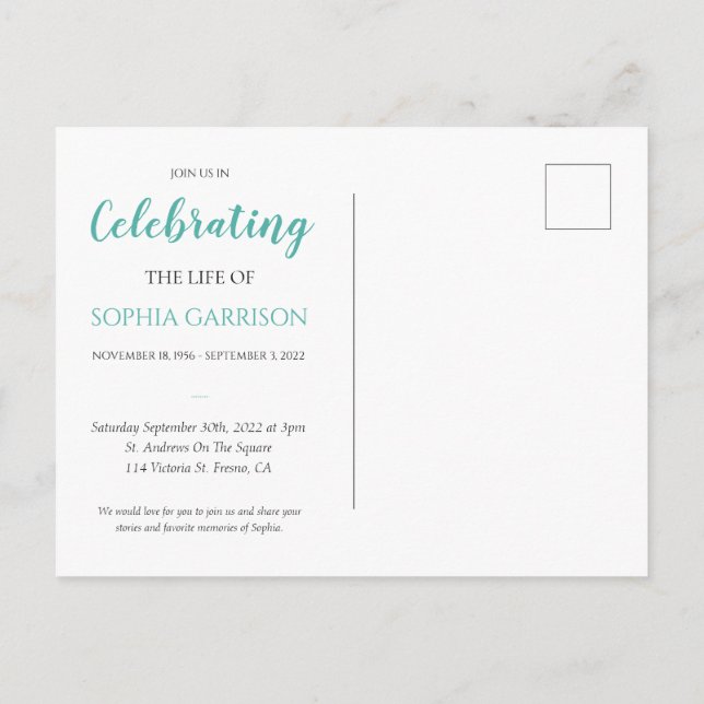 Teal Celebration of Life Photo Funeral Invite (Back)