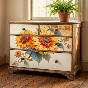 Teal Centered Sunflower Botanical Decoupage Tissue Paper