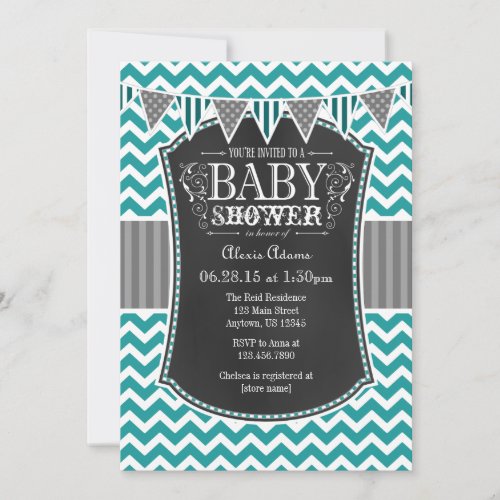 Teal Chalkboard Chevron Baby Shower Invite