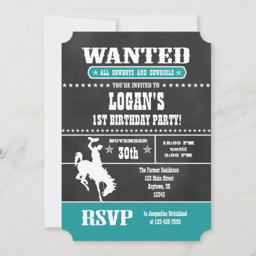 Teal Chalkboard Cowboy Birthday Invitation