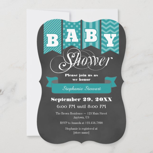 Teal Chalkboard Flag Baby Shower Invite (Front)