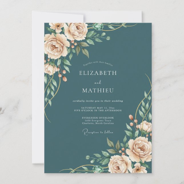 Teal Champagne Botanical Floral Wedding Invitation (Front)