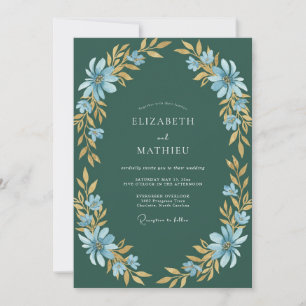 Teal Champagne Gold Leaf Wedding Invitation