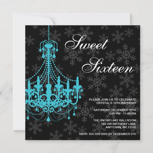 Teal Chandelier Black Snowflakes Sweet 16 Birthday Invites