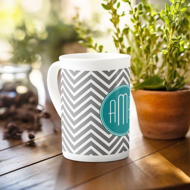 Teal Charcoal Chevrons Custom Monogram Bone China Mug (Personalized mug with photos and text, customize completely in the advanced design area)