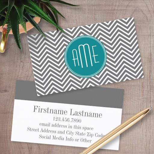Customizable Teal Charcoal Chevrons Custom Monogram Business Card Template