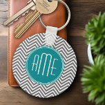 Teal Charcoal Chevrons Custom Monogram Keychain<br><div class="desc">Blue and Gray - A bold art deco pattern in fresh,  cheerful colors. If you need to adjust the monograms,  click on the customize it button and make changes.</div>