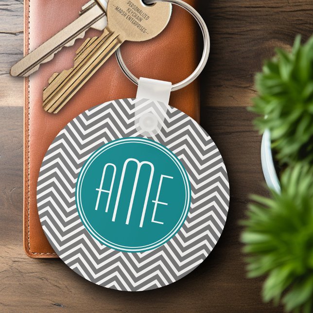 Teal Charcoal Chevrons Custom Monogram Keychain (Personalized Keychain - Add Name or Monogram)