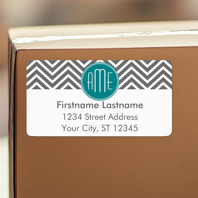 Teal Charcoal Chevrons Custom Monogram Label (Personalized return address label)