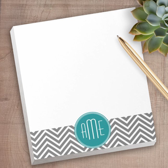 Teal Charcoal Chevrons Custom Monogram Notepad (Personalized Notepad)
