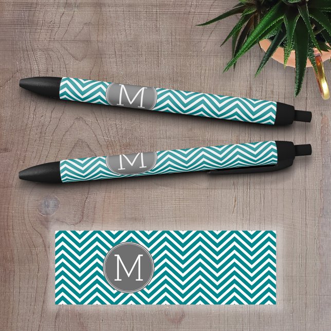 Teal Charcoal Chevrons Custom Monogram Pen (Custom Pen - Personalize this writing pen with your name, monogram or other text)