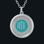 Teal Charcoal Chevrons Custom Monogram Silver Plated Necklace<br><div class="desc">Blue and Gray - A bold art deco pattern in fresh,  cheerful colors. If you need to adjust the monograms,  click on the customize it button and make changes.</div>