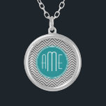 Teal Charcoal Chevrons Custom Monogram Silver Plated Necklace<br><div class="desc">Blue and Gray - A bold art deco pattern in fresh,  cheerful colors. If you need to adjust the monograms,  click on the customize it button and make changes.</div>