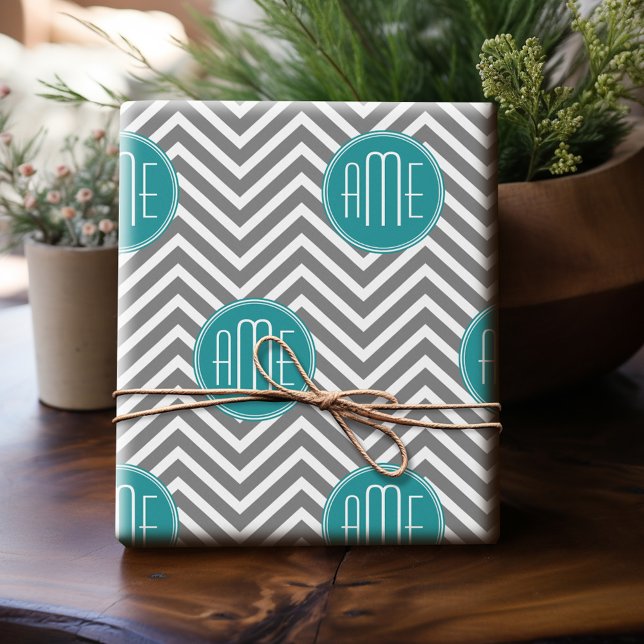 Teal Charcoal Chevrons Custom Monogram Wrapping Paper (Personalized Wrapping Paper)