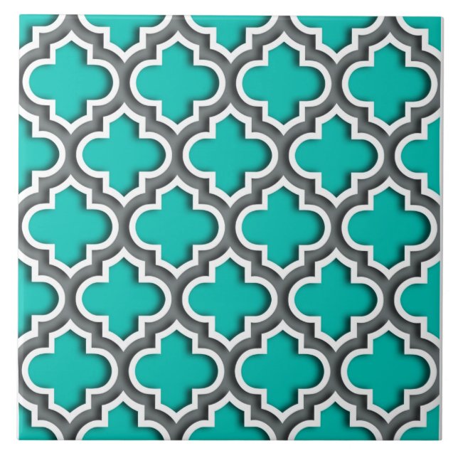 Teal Charcoal Gray White Moroccan Quatrefoil #5DS Tile (Front)