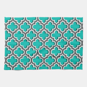 Teal Charcoal Gray White Moroccan Quatrefoil #5DS Towel