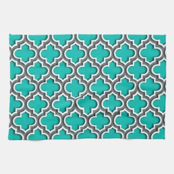 Teal Charcoal Gray White Moroccan Quatrefoil #5ds Towel by FantabulousPatterns at Zazzle